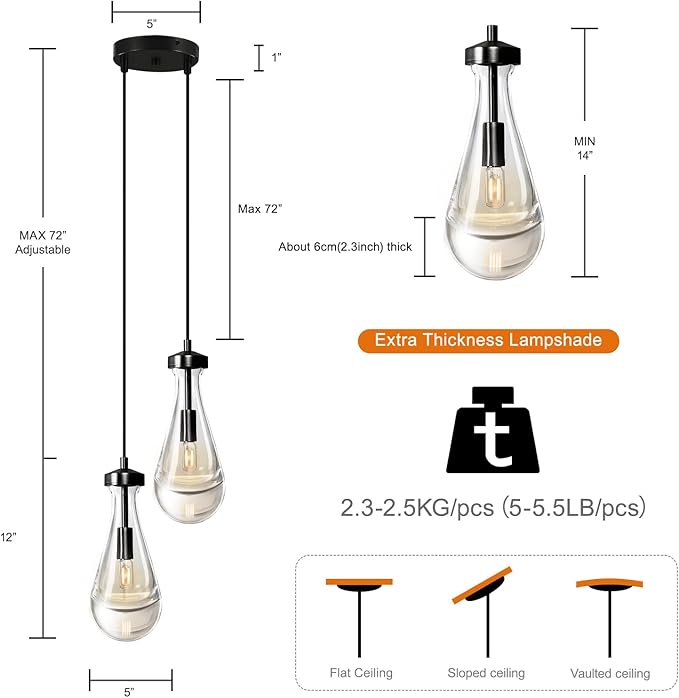 Black Raindrop Pendant Lights Kitchen Island, Bronze 2-Light Cluster Pendant Light for Dining Room, Dimmable Hanging Pendant Lighting Bedroom Light Fixture Ceiling Chandelier for Foyer-Ruum Studio Home
