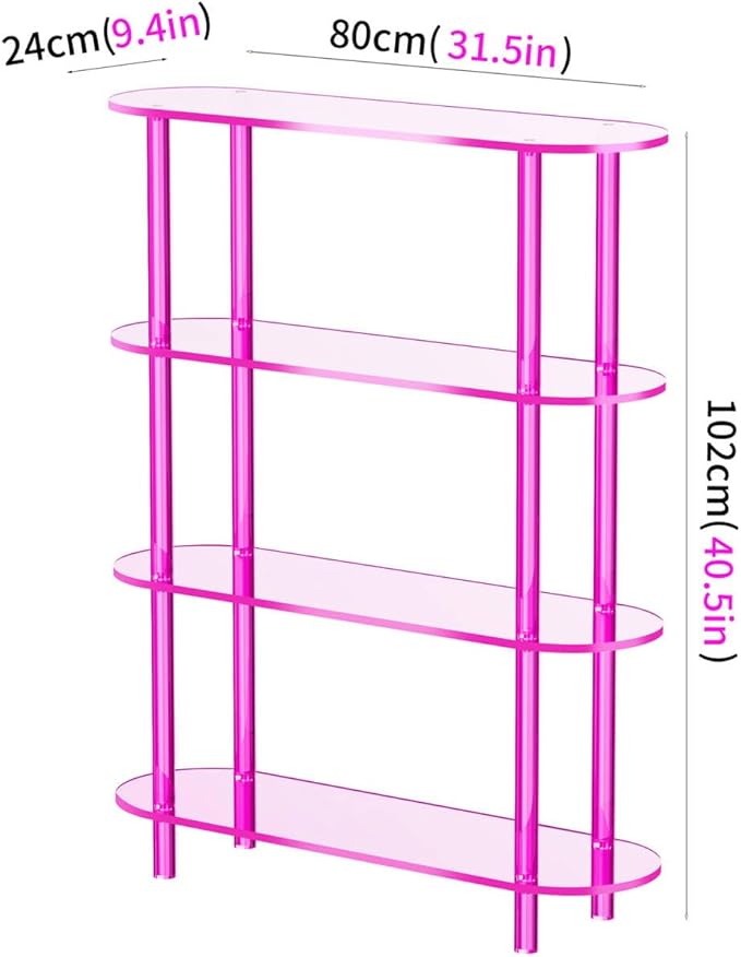 Clear Bookshelf, Acrylic Bookcase with Open Book Shelf Console Table for Entryway Office (4 Tier Pink)-Ruum Studio Home