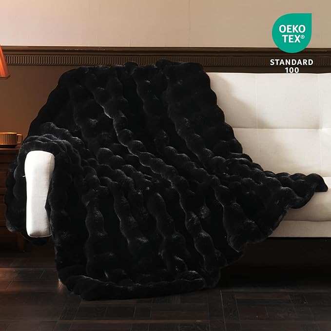 BENVWE Faux Fur Throw Blanket for Couch Bed - Fluffy Soft Thick Bubble Blanket for Living Room Home Decor - Fathers Day Birthday Gifts for Women Men, Black, 60" x 80"-Ruum Studio Home