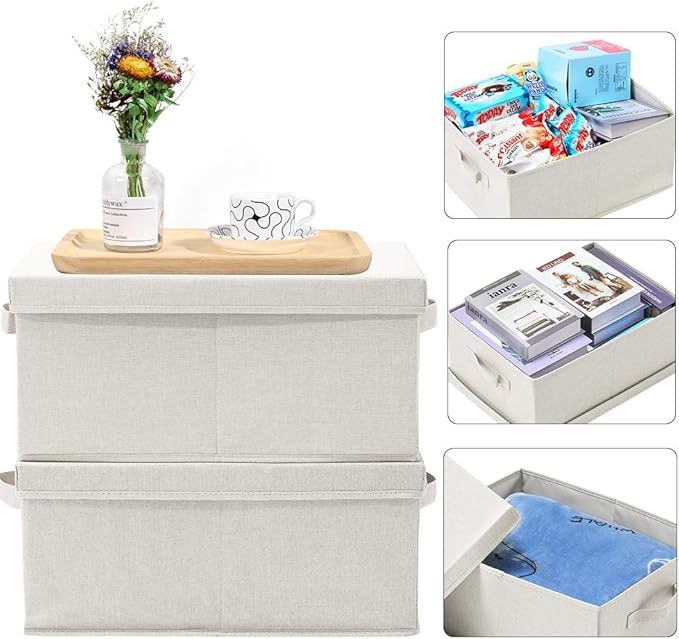 HOONEX Foldable Storage Bins with Lids, 2 Pack, Storage Boxes with Carrying Handles and Sturdy Heavy Cardboard, 16.5" L x 11.8" W x 7.5" H for Shoes, Books, Clothes, Linens, Beige-Ruum Studio Home