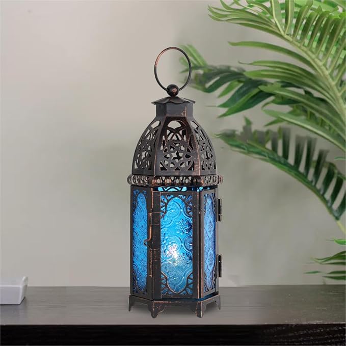 NEEDOMO Hanging Moroccan Lantern, 11'' Vintage Candle Holder, Metal Lanterns Decorative Indoor Outdoor, Table, Patio, Porch, Shelf, Gothic Home Decor (Blue, Medium Size)-Ruum Studio Home