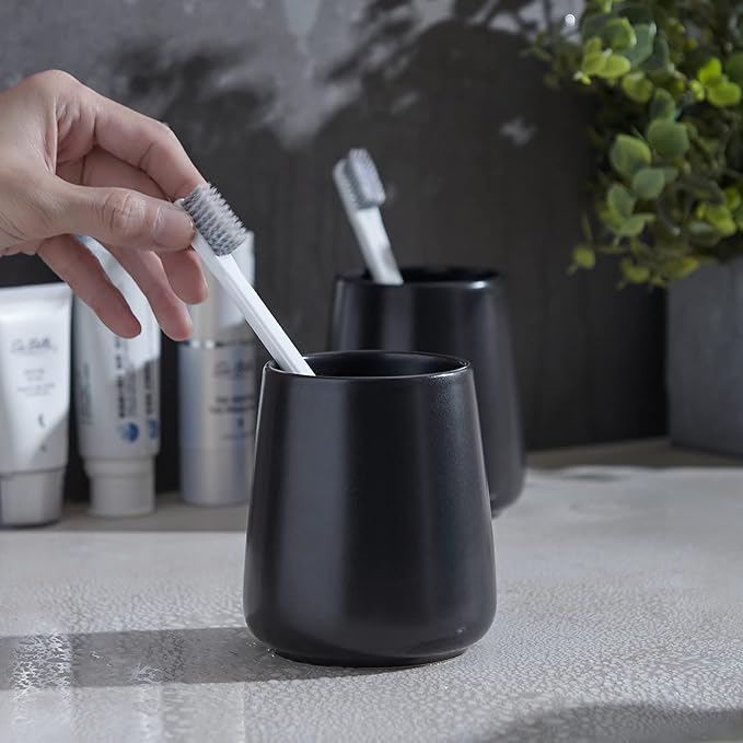 Matte Black Toothbrush Holders for Bathroom - 2Pcs Ceramic Tooth Brushing Holder Set, Toothpaste Holder, Reusable Toothbrush Mouthwash Cups, Space-Saving Design for Bathroom Countertop-Ruum Studio Home