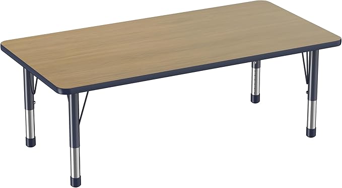 FDP Rectangle (30 x 60 inch) Classroom Table with Adjustable Chunky Toddler Legs (15-24 in); Preschool, Kinder and Daycare Furniture - Pasadena Oak Top/Navy Edge and Legs-Ruum Studio Home