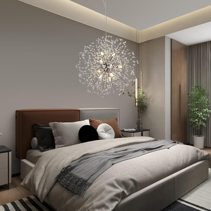 Sputnik Crystal Chandelier, Modern Beaded Ceiling Lamp with Chrome, Round Dandelion Pendant Light Fixtures for Living Room Bedroom Dining Room Farmhouse Kitchen Island (Chrome 9Lights)-Ruum Studio Home