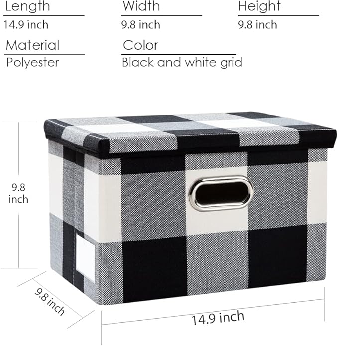 PRANDOM Collapsible Storage Bin with Lid [3-Pack] Fabric Foldable Storage Box Organizer Container Basket Cube with Cover for Home Bedroom Closet Office Nursery Black and White Grid(14.9x9.8x9.8)-Ruum Studio Home