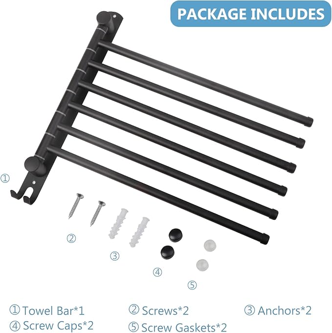 Space Saving Towel Rack JSVER Black Space Saving Towel Holder, Towel Rack Wall Mounted, Swivel Hand Towel Holder, 6-Arms Towel Bar, Towel Racks for Bathroom-Ruum Studio Home