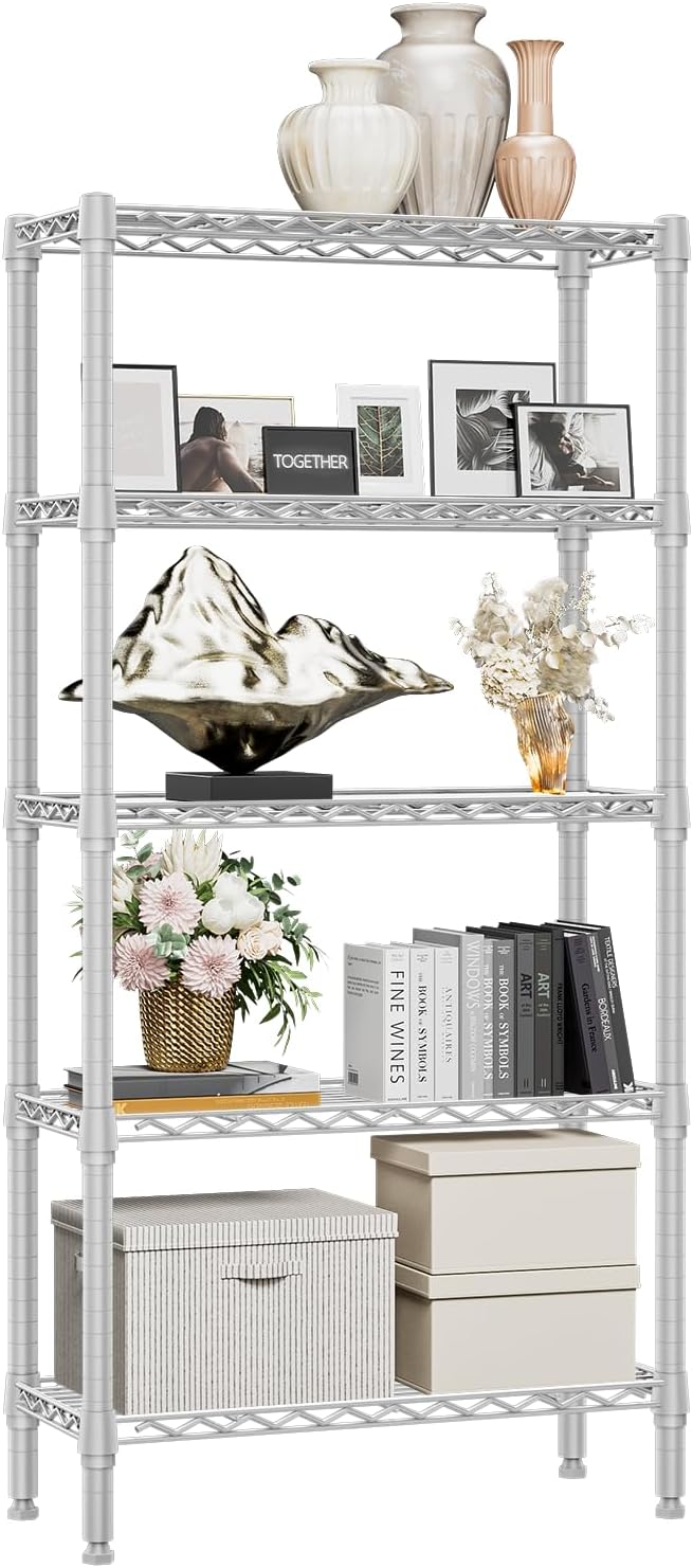 1250 lbs 5 Tier Shelf Metal Storage Shelves Wire Rack Closet Organizers for Garage Kitchen Bathroom Laundry White 11.8" D x 29.5" W x 59.5" H-Ruum Studio Home