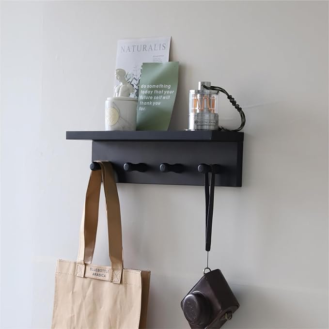 Entrance Coat Rack ，Coat Hooks, Wall-Mounted Wooden Hook Rack, Wall-Mounted Shelves are Very Suitable (Black Finish-1)-Ruum Studio Home