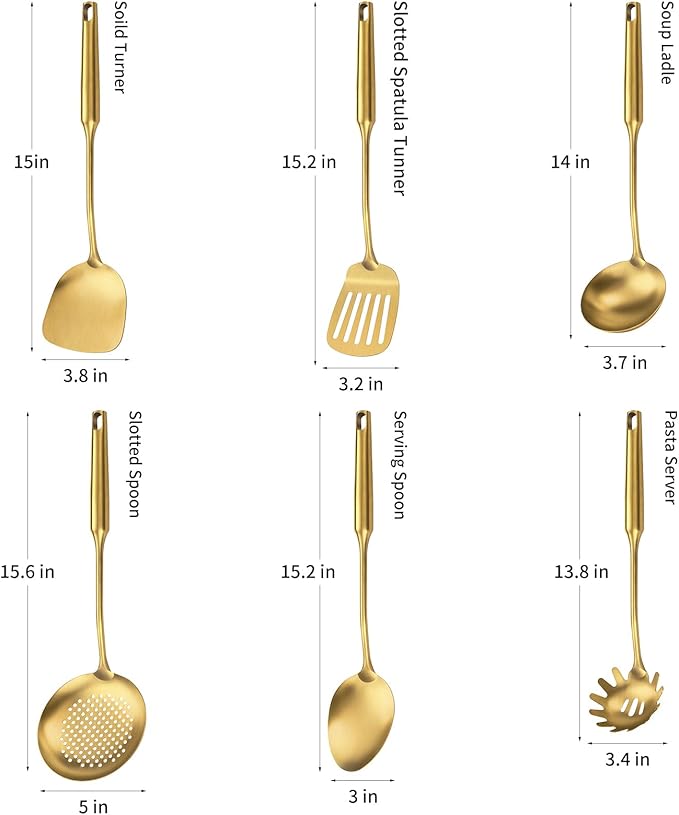 304 Stainless Steel Cooking Utensil,Kitchen Kitchen Utensil with Spatula, Solid Spoon, Ladle, Skimmer, Spaghetti Spoon, 6 Piece Set, Dishwasher Safe(Gold)-Ruum Studio Home