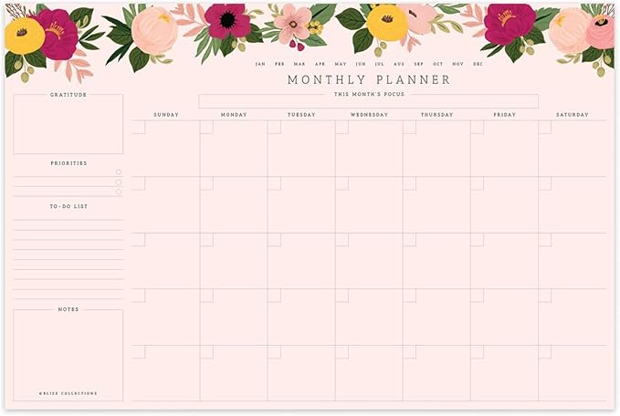Bliss Collections Monthly Planning Pad, To Do List Notebook - Undated Tear-Off Sheets Notepad - Work Calendar, Organizer, Scheduler for Goals, Tasks - Floral (Pink), 12" x 18", 18 Sheets-Ruum Studio Home