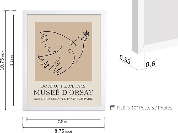 Poster Master Vintage Poster - Retro Minimalist Print - Gift for Artist, Friend - Dove Of Peace, Line Drawing, Sketch, Abstract - Wall Decor for Living Room, Bedroom, 8x10 White Framed-Ruum Studio Home