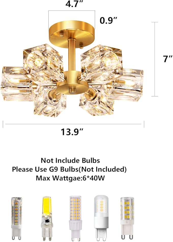 Semi Flush Mount Ceiling Light Fixture Modern 6 Lights Gold Crystal Chandelier,Brushed Nickel Sputnik Chandeliers for Hallway Entryway Bedroom Dining Room Farmhouse Kitchen Office-Ruum Studio Home