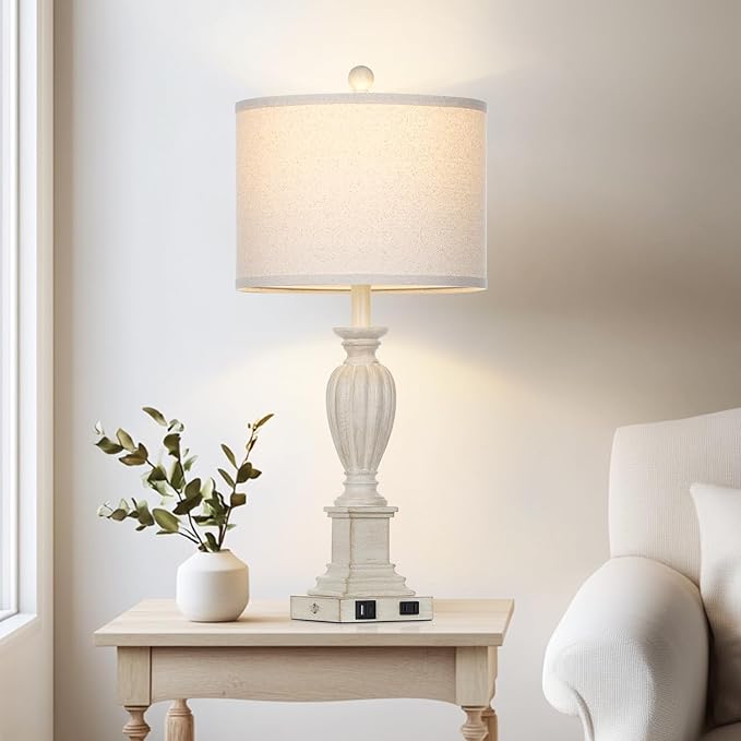27" Farmhouse 3 Way Dimmable Touch Table Lamp Set of 2 Rustic Classic Bedside Nightstand Wood Lamps for Living Room Bedroom with USB C+A Ports Washed White (2 Bulbs Included)-Ruum Studio Home