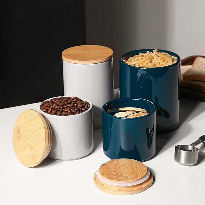 Sweejar Ceramic Kitchen Canister Sets, Porcelain Container for Countertop, Heavy Food Storage Jars with Airthight Seal Bamboo Lid, Servering for Sugar, Coffee Beans, Tea Leaves, Pack of 4（Gray）-Ruum Studio Home