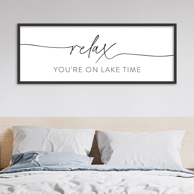SRSZHIYUE Relax You're On Lake Time Wall Decor Above Bed Sign 32"×12" for Lake House Bedroom Over Bed Large Wood Framed Hanging Art (Black)-Ruum Studio Home