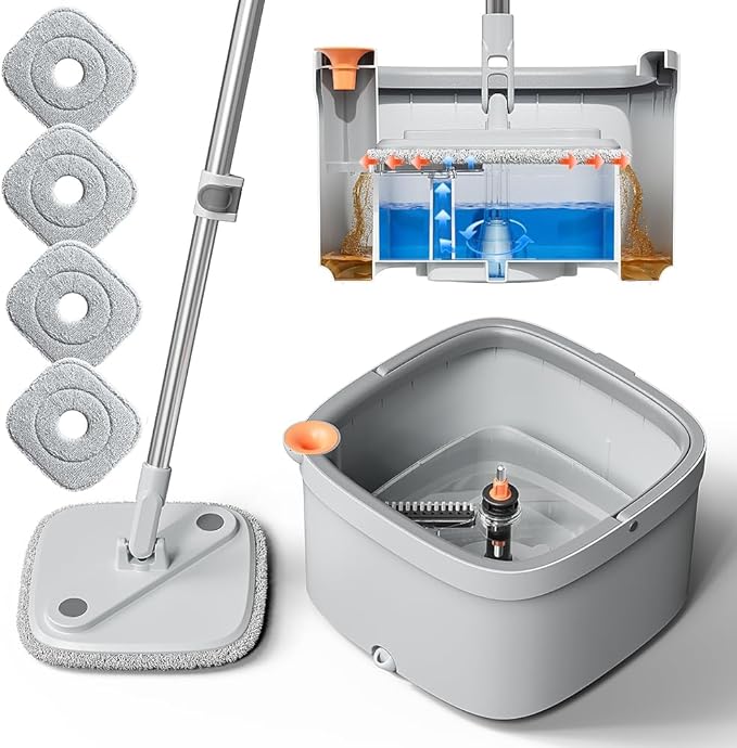 KZKR Spin Mop and Bucket Set with Self Separation Dirty and Clean Water System, Self Wringing 360° Rotating Square Mop Head for Home Floors Cleaning (1.0 Mop and Bucket Set (4 Pads))-Ruum Studio Home