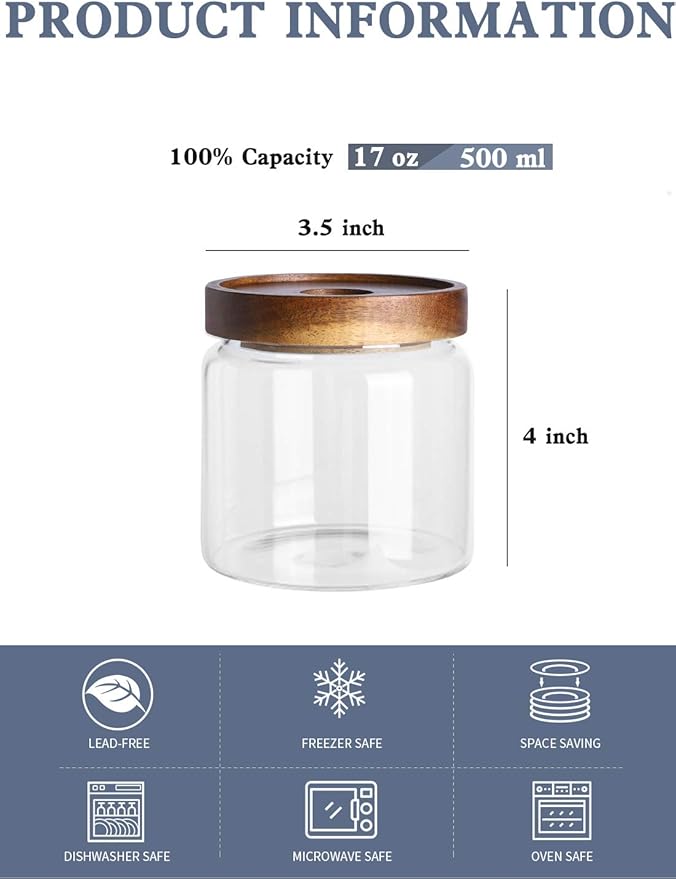 Kanwone Glass Storage Jars Set of 6, 17 Ounce Airtight Food Storage Containers with Bamboo lids, Clear Glass Canisters for Pantry, kitchen, Flour, Sugar, Tea, Coffee, Snack, Spice and Herbs-Ruum Studio Home