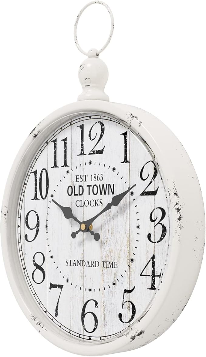 Menterry Retro Round Wall Clock. White Vintage Antique Style. Battery Operated Silent Wall Clocks for Farmhouse,Bathroom,Kitchen,Bedroom,Office, (11.8" H x 9.3" W)-Ruum Studio Home
