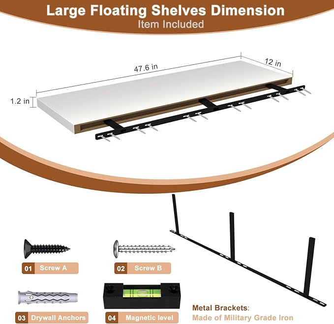 48 Inch Floating Shelf 3 Pack Large Floating Shelves for Wall No Drilling Accessories Included Deep Wall Shelves for Living Room Kitchen Farmhouse 48" W x 12" D x 1.2" White-Ruum Studio Home