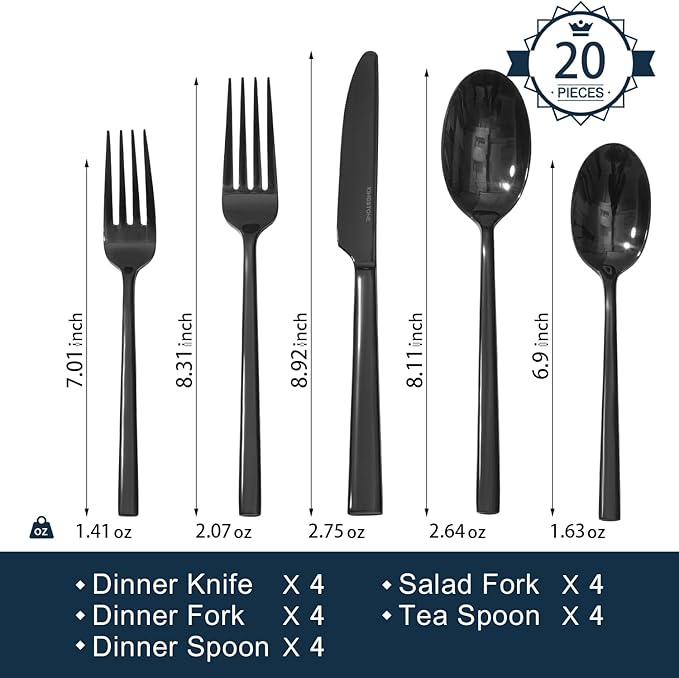 KINGSTONE Black Silverware Set, 20-Piece Forged Flatware Set Cutlery Set Premium Stainless Steel, Service for 4, for Kitchen, Home, Wedding, Party, Mirror Polished and Dishwasher Safe-Ruum Studio Home