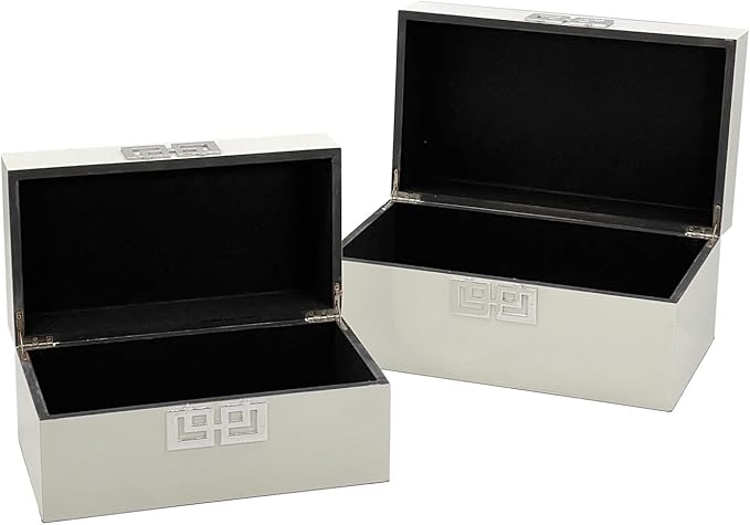 Galt International Storage Box Set Decorative Storage Box w/Hinged Lid Classic Design Wood Decor Boxes with Geometric Clasp Storage for Bedroom & Home - Set of 2 (White & Silver)-Ruum Studio Home