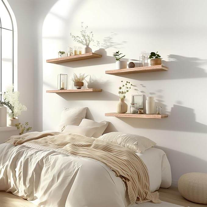 Light Wood Floating Shelves for Wall Rustic Wall Shelves for Bedroom Set of 6-Ruum Studio Home