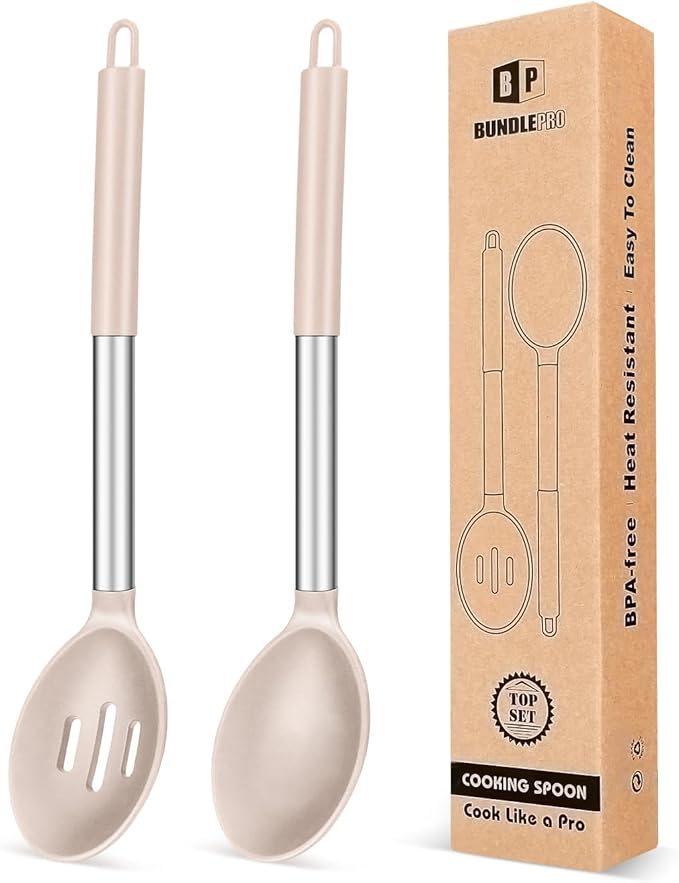Pack of 2 Large Silicone Cooking Spoons,Non Stick Solid Basting Spoon,Heat-Resistant Kitchen Utensils for Mixing,Serving,Draining,Stirring (STAINLESS STEEL KHAKI)-Ruum Studio Home