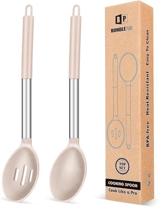 Pack of 2 Large Silicone Cooking Spoons,Non Stick Solid Basting Spoon,Heat-Resistant Kitchen Utensils for Mixing,Serving,Draining,Stirring (STAINLESS STEEL KHAKI)-Ruum Studio Home