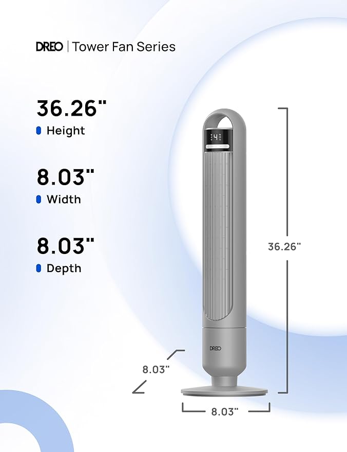 Dreo Tower Fan for Bedroom, 90° Oscillating Fan, Standing Fan with 3 Modes, 4 Speeds, 8H Timer Cooling Fans for Home, Living Room, Office, Grey, TF117-Ruum Studio Home
