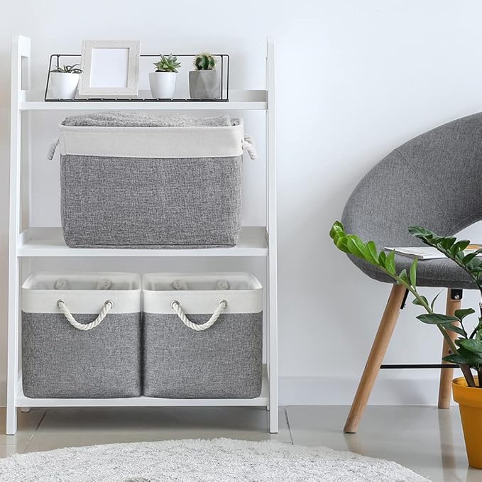 TheWarmHome Organization and Storage Basket for Organizing - 3 Pack 16x12x12 inch Cube Storage Bin Fabric Storage Cubes for Organizer Cloth Gift Toy Closet (White & Grey)-Ruum Studio Home
