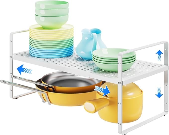 Expandable Cabinet Shelf Organizers, Kitchen Small Stand Rack Organization for Countertop Cupborad Pantry, White 1 Pack-Ruum Studio Home