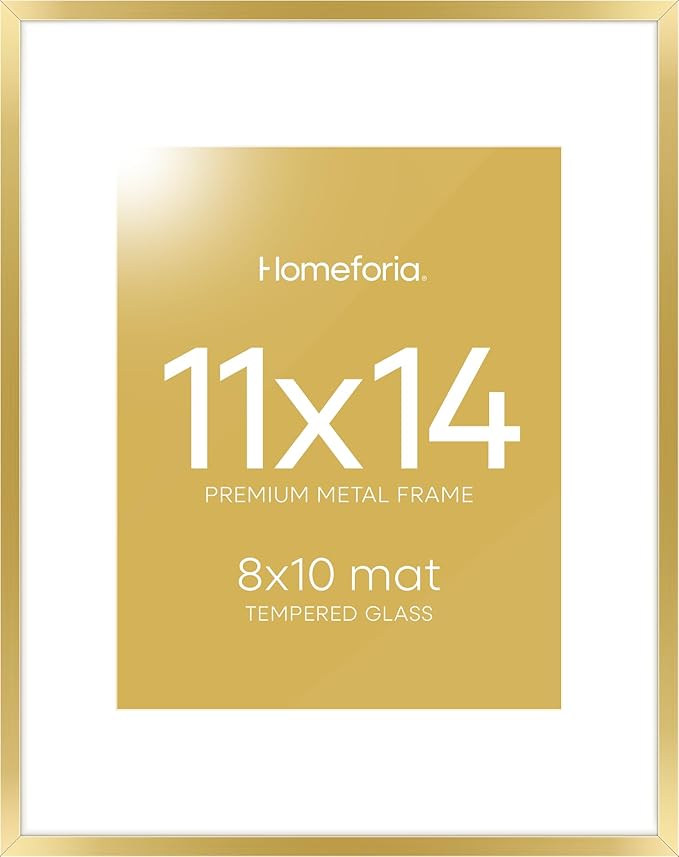 Homeforia 11x14 Picture Frame Gold, High End Metal 11x14 Poster Frames with Mat for 8x10, 11 x 14 Gold Frame Matted to 8 x 10 inch Photo, 11by14 Thin Hanging Frames, Tempered Glass, Wall Kit, Set of 1-Ruum Studio Home