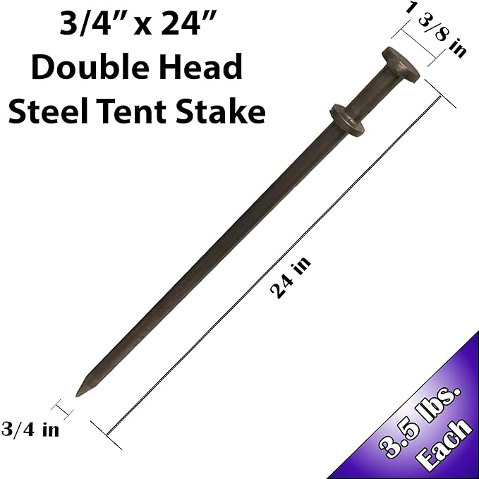 Double Head Tent Stakes - Heavy Duty Steel Tent Stakes, Versatile Ground Spikes to Anchor Commercial Inflatables, Party Tents, and Outdoor Camping Shelters, 3/4 x 24 Inch, 4-Pack-Ruum Studio Home