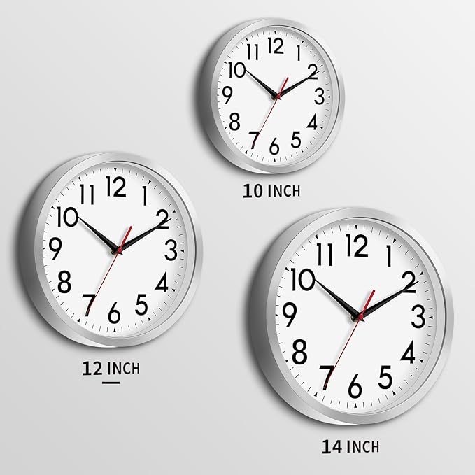 12 Inch Wall Clock Battery Operated Silent Non Ticking Analog Modern Decorative for Office Kitchen Outdoor Living Room Classroom Bedroom Bathroom School(Silver)-Ruum Studio Home