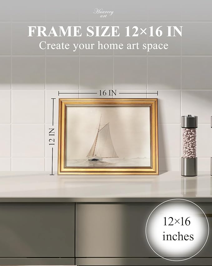 HUARCEY Gold Framed Vintage Wall Art for Living Room, Seaview Painting Prints Shelf Decor for Kitchen, Aesthetic Bedroom Wall Art, Christmas Gifts for Friends or Family (White Sailboat - 12"x16")-Ruum Studio Home