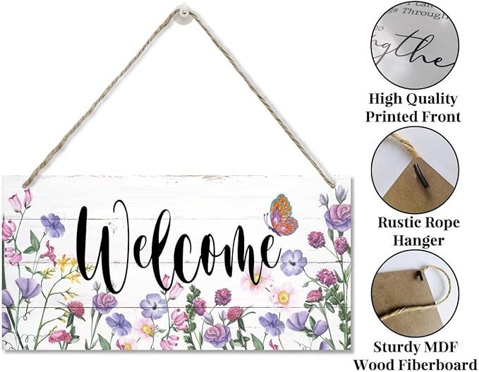 Welcome Decor Sign, Hanging Wood Sign Home Decorative, Printed Wood Wall Art Sign, Flower Welcome Sign, Yard Garden Welcome Sign, Porch Decor Sign, Farmhouse Front Door Decor Sign 12 * 6inch-Ruum Studio Home