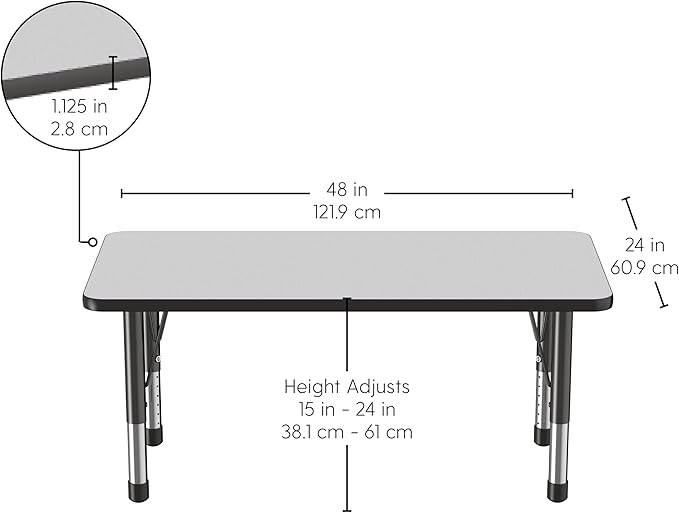 FDP Rectangle Activity School and Kids Classroom Table (24 x 48 inch), Toddler Legs, Adjustable Height 15-24 inches - Gray Top and Black Edge-Ruum Studio Home