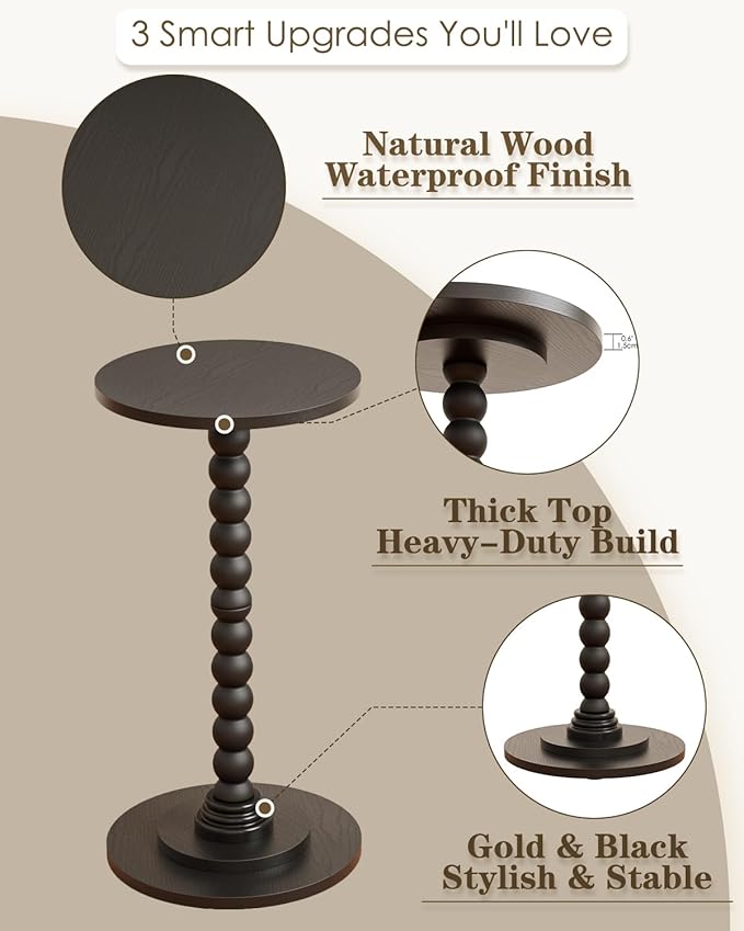 Masupu Round Side Table, Small End Table for Small Spaces, Pedestal Drink Table with Solid Wood Leg for Living Room, Bedroom, Corners(Black)-Ruum Studio Home