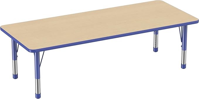 FDP Rectangle Activity School and Classroom Kids Table (30 x 72 inch), Chunky Toddler Leg, Adjustable Height 15-24 inches - Maple Top and Blue Edge-Ruum Studio Home