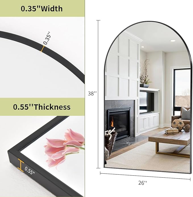 BEAUTYPEAK 26"x38" Arch Bathroom Mirror, Wall Mounted Vanity Metal Frame Mirror for Bedroom, Entryway, Living Room, Black-Ruum Studio Home