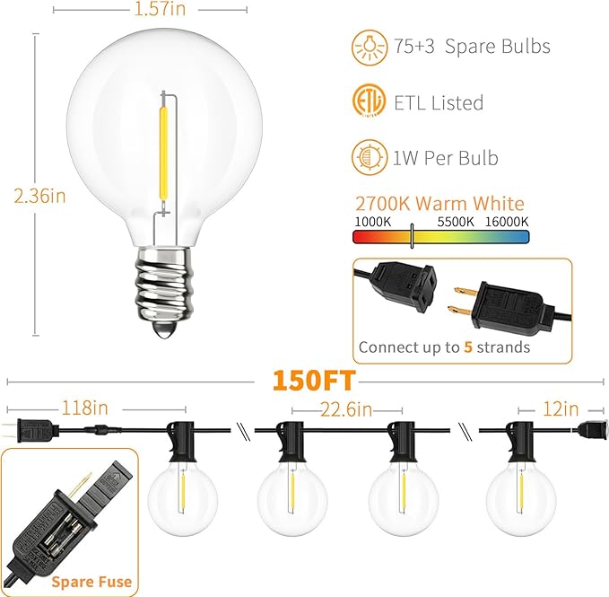 Svater Outdoor String Lights 150 FT, Patio Light with 78 Shatterproof LED Bulbs, Outside Plastic Hanging G40 Globe Lights for Cafe Market Bistro Backyard, Dimmable Warm White 2700K-Ruum Studio Home