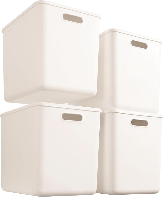 4 pack large plastic White storage bins Baskets, Toy Box Chest with Lids and Handle，Organizer Containers for Baby，Kids,snacks,Nursery，Shelves，Playroom, Bedroom，Office,Closet，home-Ruum Studio Home