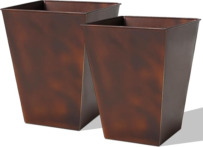 Worth Garden 14" Dia x 18" H Large Metal Floor Planter Set of 2, Matte Bronze Retro Finish Tall Square Tapered Steel Plant Pots, Decor Flower Pot Indoor & Outdoor, Drainage Hole-Ruum Studio Home