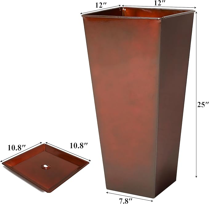 WORTH Garden 25" Large Metal Glazed Planter Set of 2, Luxurious Glossy Finish Red Tall Square Tapered Steel Plant Pots, Decor Flower Pot Indoor & Outdoor, Drainage Hole & Dual-Purpose Plant Saucer-Ruum Studio Home