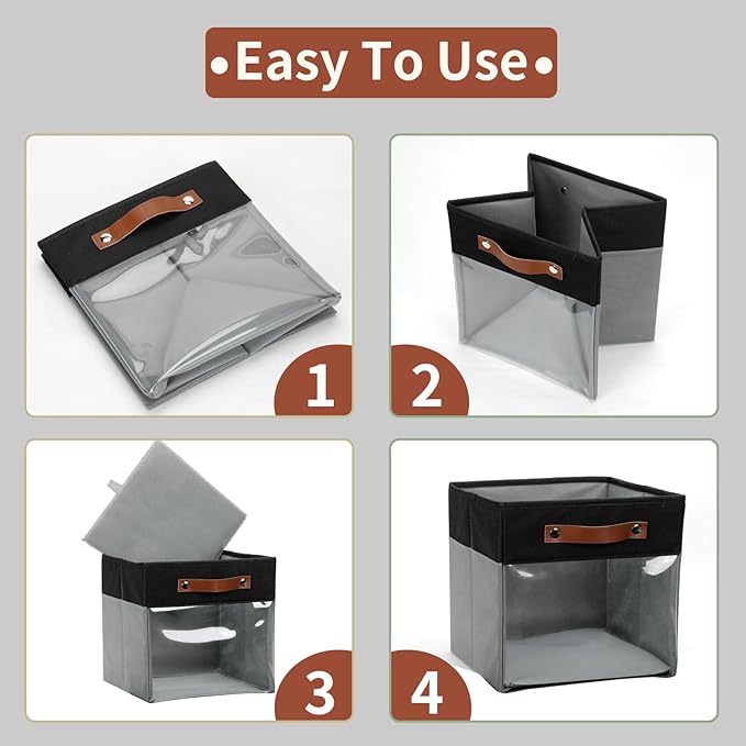 HNZIGE Cube Storage Bins 11 x 11, Fabric Cubes Storage Bins 11x11 Clear Storage Organizer,Canvas Storage Bin for Cube Storage, Cubby Collapsible Organizer Bin for Organizing Home(Gray Black 6PCS)-Ruum Studio Home