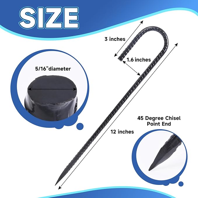 12 Inch Heavy Duty Rebar Stakes, 20-Pack Galvanized Steel J Hook Tent Stakes for Outdoor Decorations, Inflatables, Fencing, Gardening, Gazebo and Swing Set Anchors-Ruum Studio Home