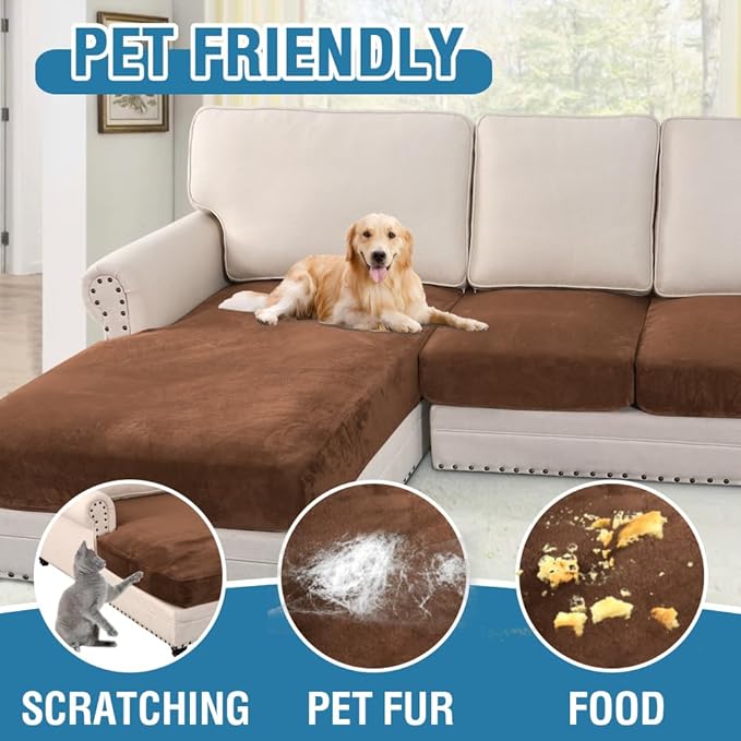 H.VERSAILTEX Velvet Stretch Sectional Couch Covers 4 Pieces Sofa Seat Cushion Covers L Shape Separate Cushion Couch Chaise Cover for Both Left/Right Couch (Large Sofa 3 Seater + 1 Chaise, Caramel)-Ruum Studio Home