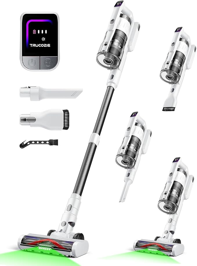 Cordless Vacuum Cleaner for Home, Upgraded 60Kpa Powerful Suction Pet Hair Vacuum with 70min Runtime, Green LED Light for Hardwood Floors & Carpet, Self-Standing Rechargeable Stick Vacuum, White-Ruum Studio Home