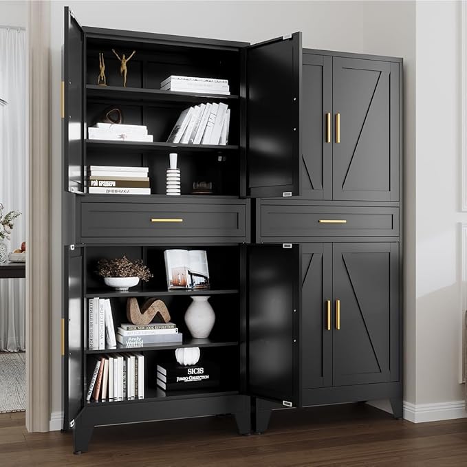71 "Farmhouse Metal Filing Cabinet with a Drawer and 4 Adjustable Shelves, with 4 Large barn Door White Kitchen Cabinets, Metal Food Cabinets for Home, Kitchen, Dining/Living Room (Black)-Ruum Studio Home