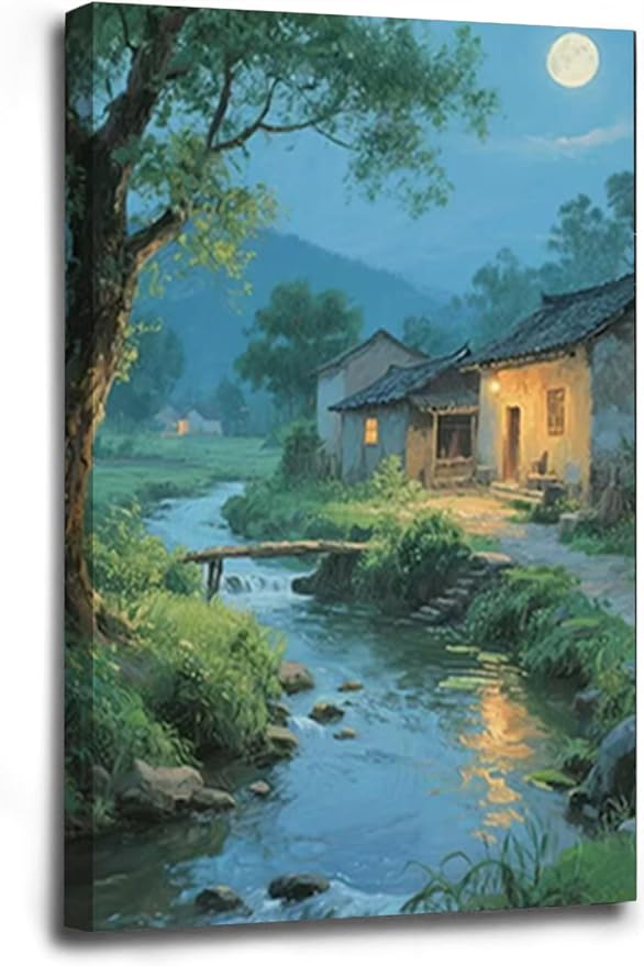 Moonlight under the big tree creek cabin scenery is suitable for posting in the living room bedroom office scenery poster wall painting-Ruum Studio Home